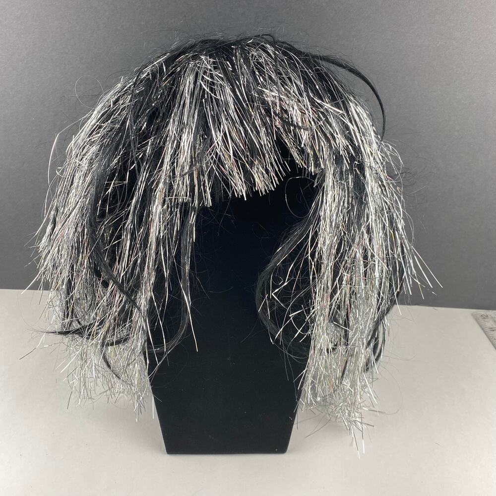 Vintage 1999 Paper Magic Black Silver Tinsel Wig Halloween Disco Costume